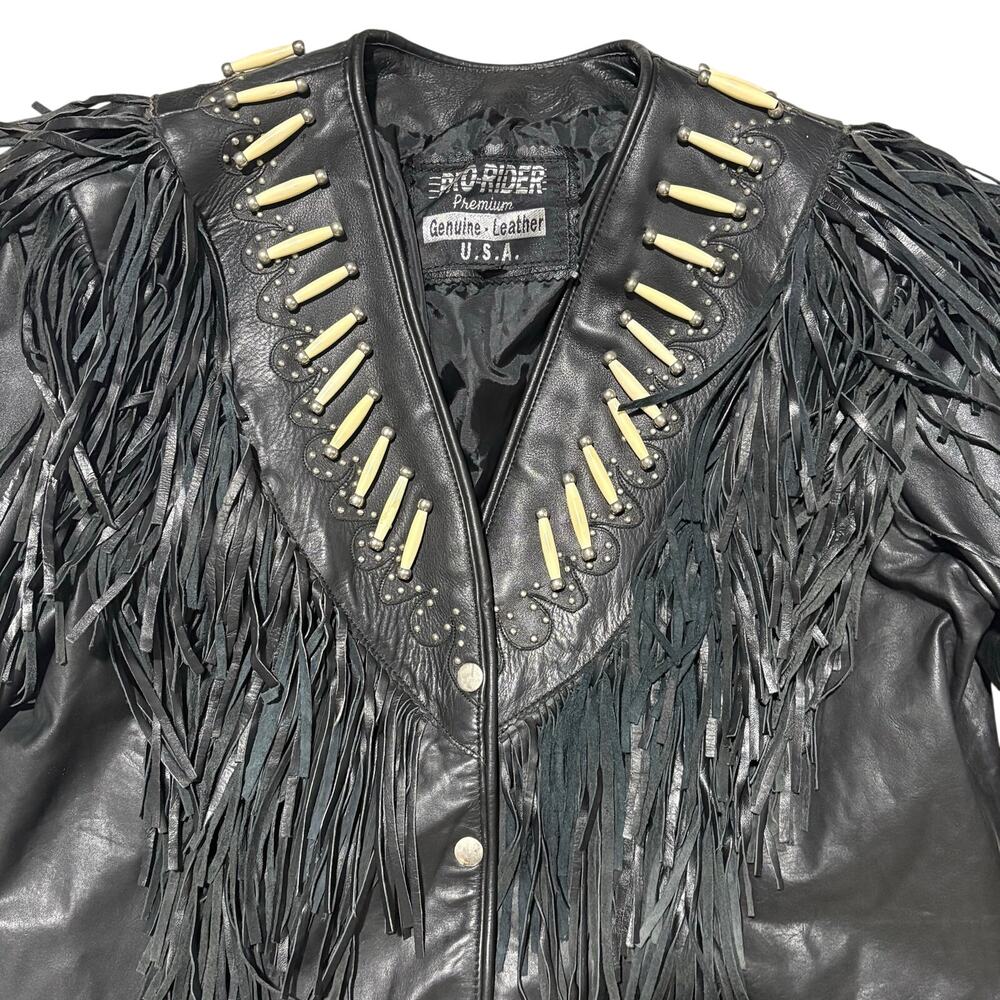 Pro Rider Leather Jacket Fringes Bone Beads Western Native American XL Vintage - Picture 2 of 9